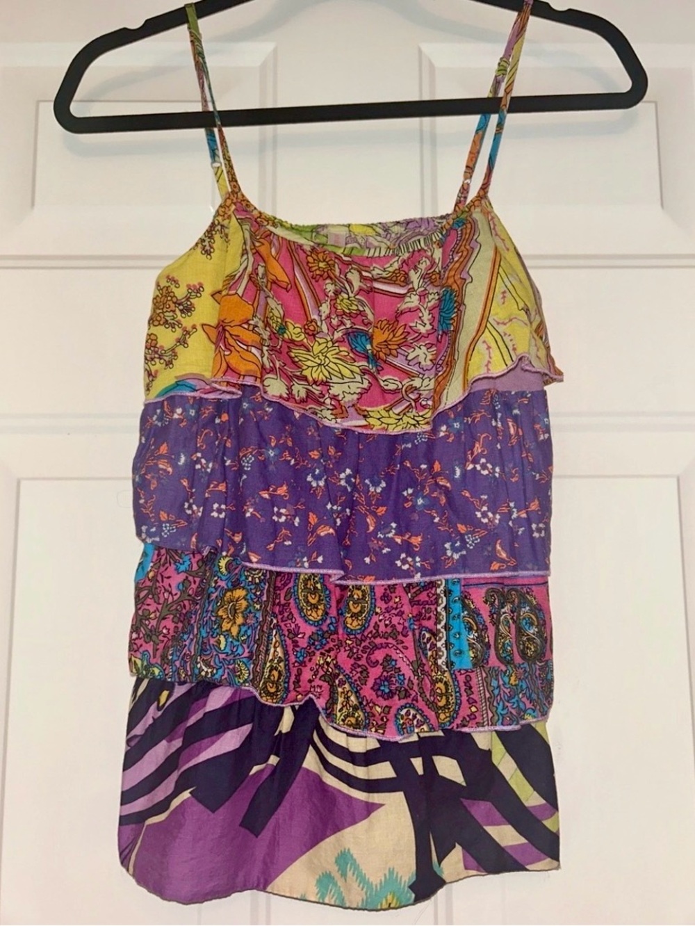 Boho Tiered Floral Paisley Spaghetti Strap Cotton Tank Top M Colorful Lagenlook